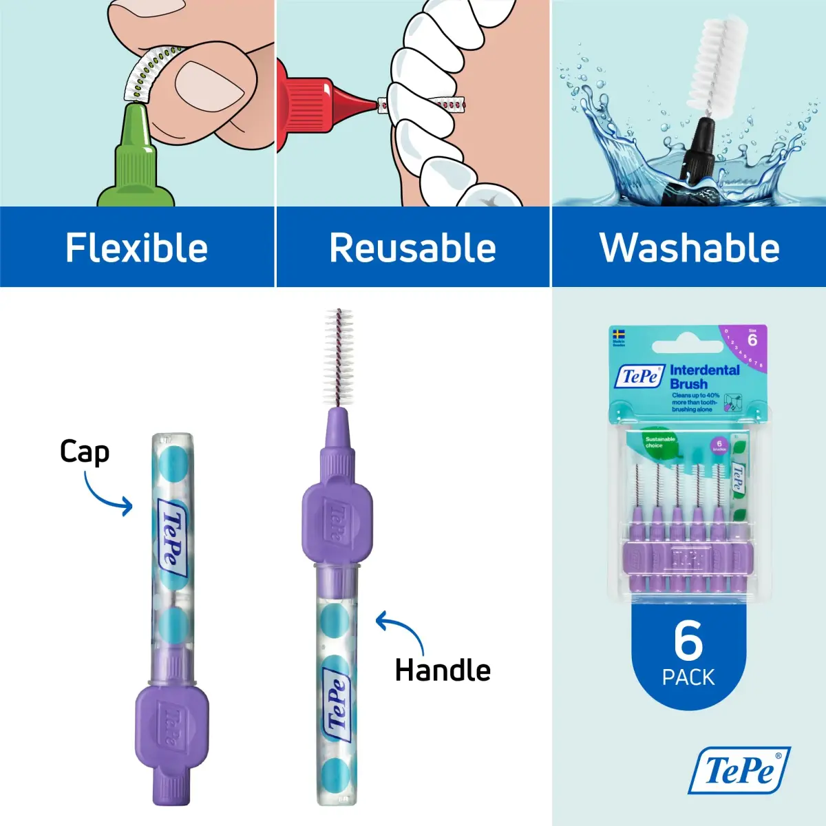 TePe Interdental Brush Original Purple 1.1mm (6 Count) | Soft Dental Brush for Large Gaps - view 5