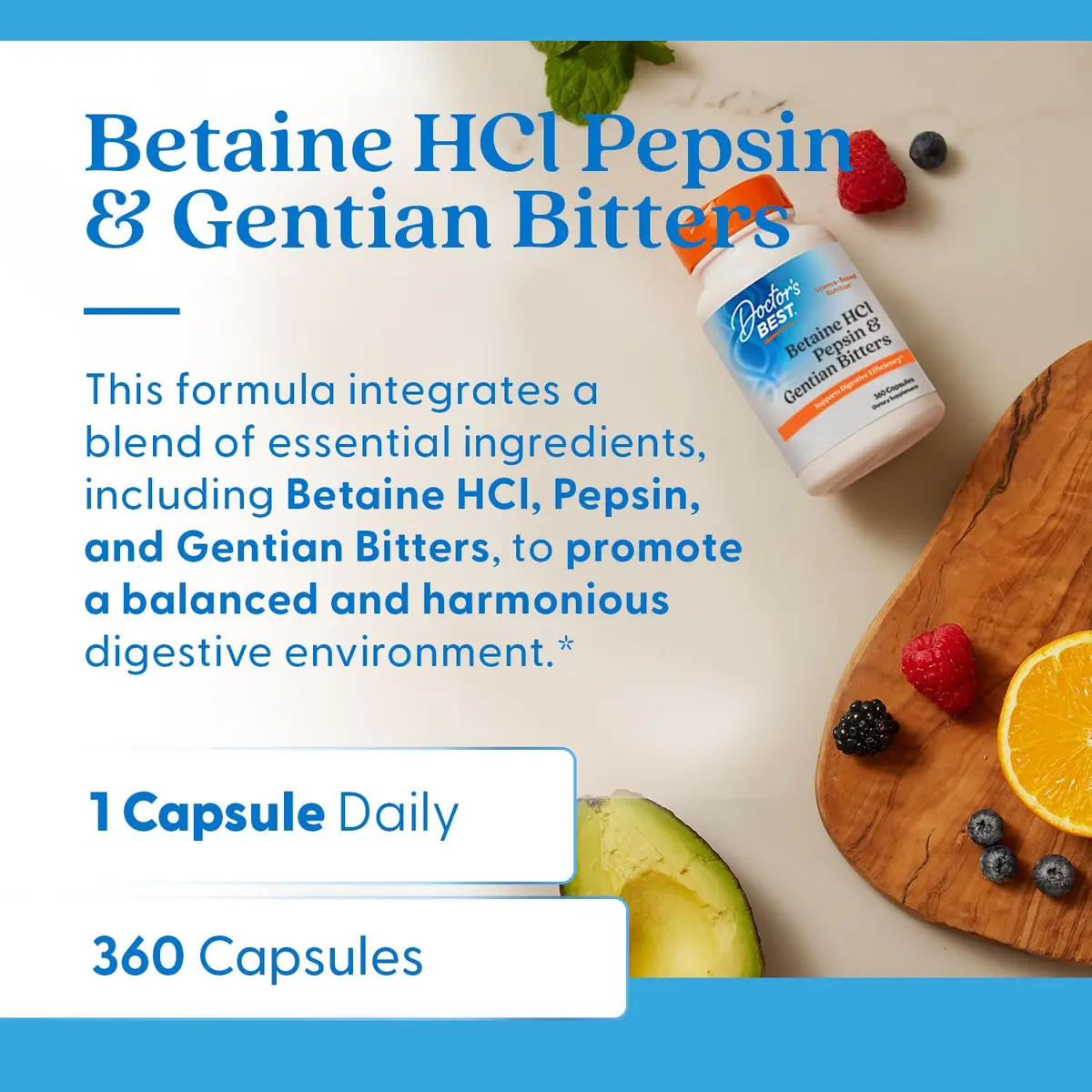 Doctor's Best Betaine HCl Pepsin & Gentian Bitters Supplement, 360 Capsules | Digestive Enzymes Support - view 2