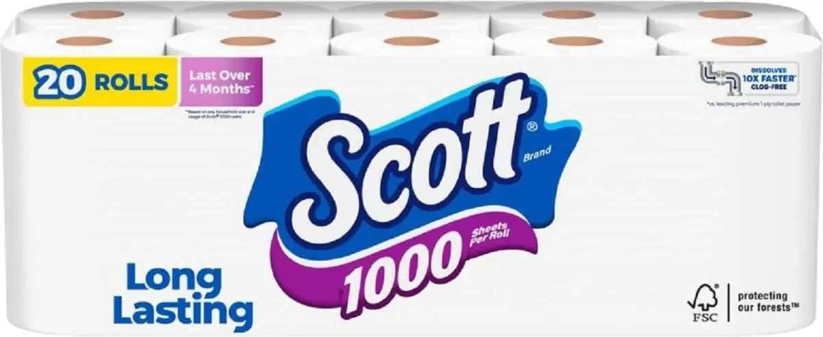 Scott 1000 Toilet Paper, 20 Regular Rolls, 1-Ply, 20,000 Sheets | Septic-Safe & Biodegradable - main product image