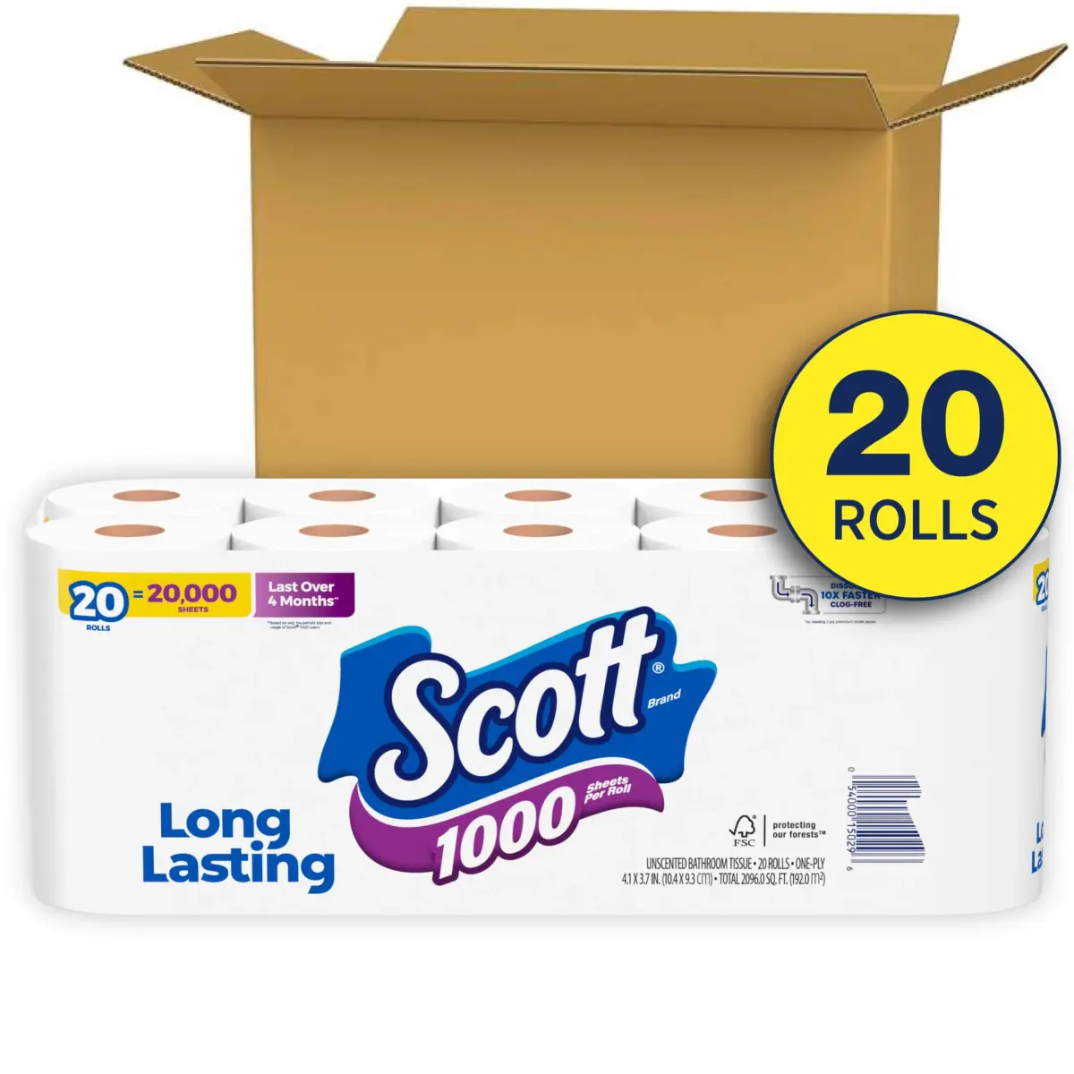 Scott 1000 Toilet Paper, 20 Regular Rolls, 1-Ply, 20,000 Sheets | Septic-Safe & Biodegradable - view 2