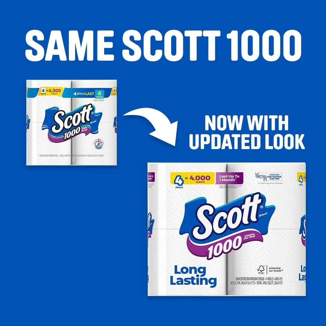 Scott 1000 Toilet Paper, 20 Regular Rolls, 1-Ply, 20,000 Sheets | Septic-Safe & Biodegradable - view 3