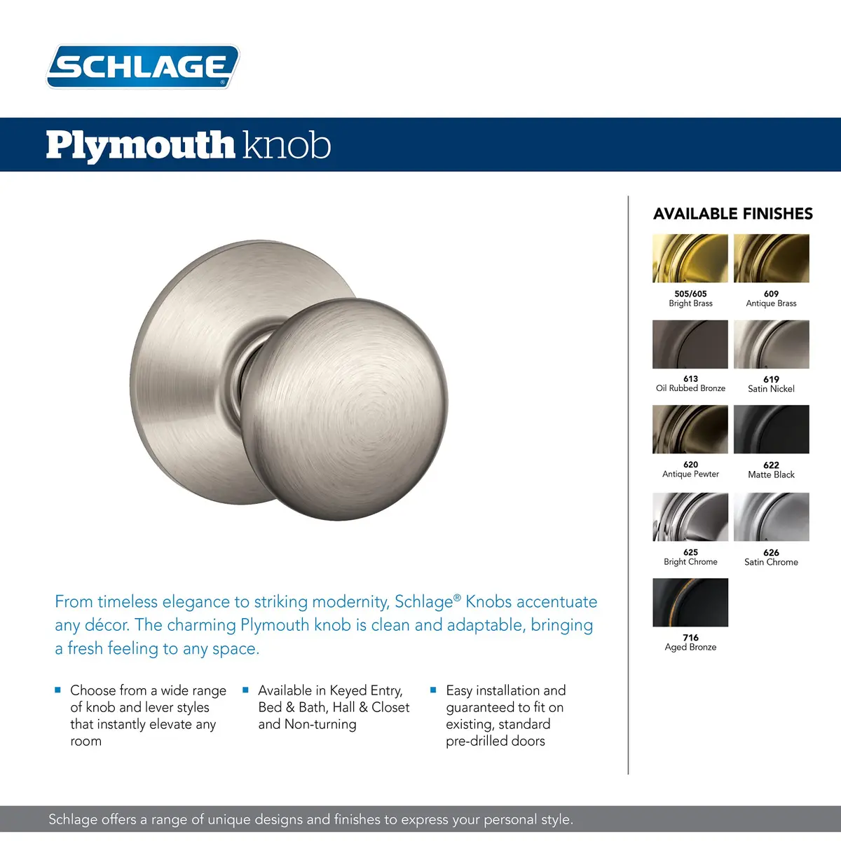 Schlage Plymouth Keyed Entry Door Knob | Classic Satin Nickel, Interior/Exterior (70-120 chars) - view 2