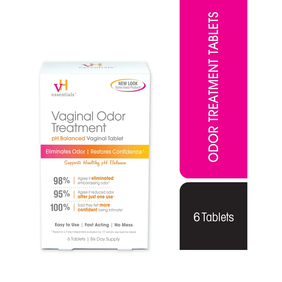 vH essentials Vaginal Odor Treatment, 6 Tablet Suppositories | pH Balanced, Fast-Acting, No-Mess - main product image