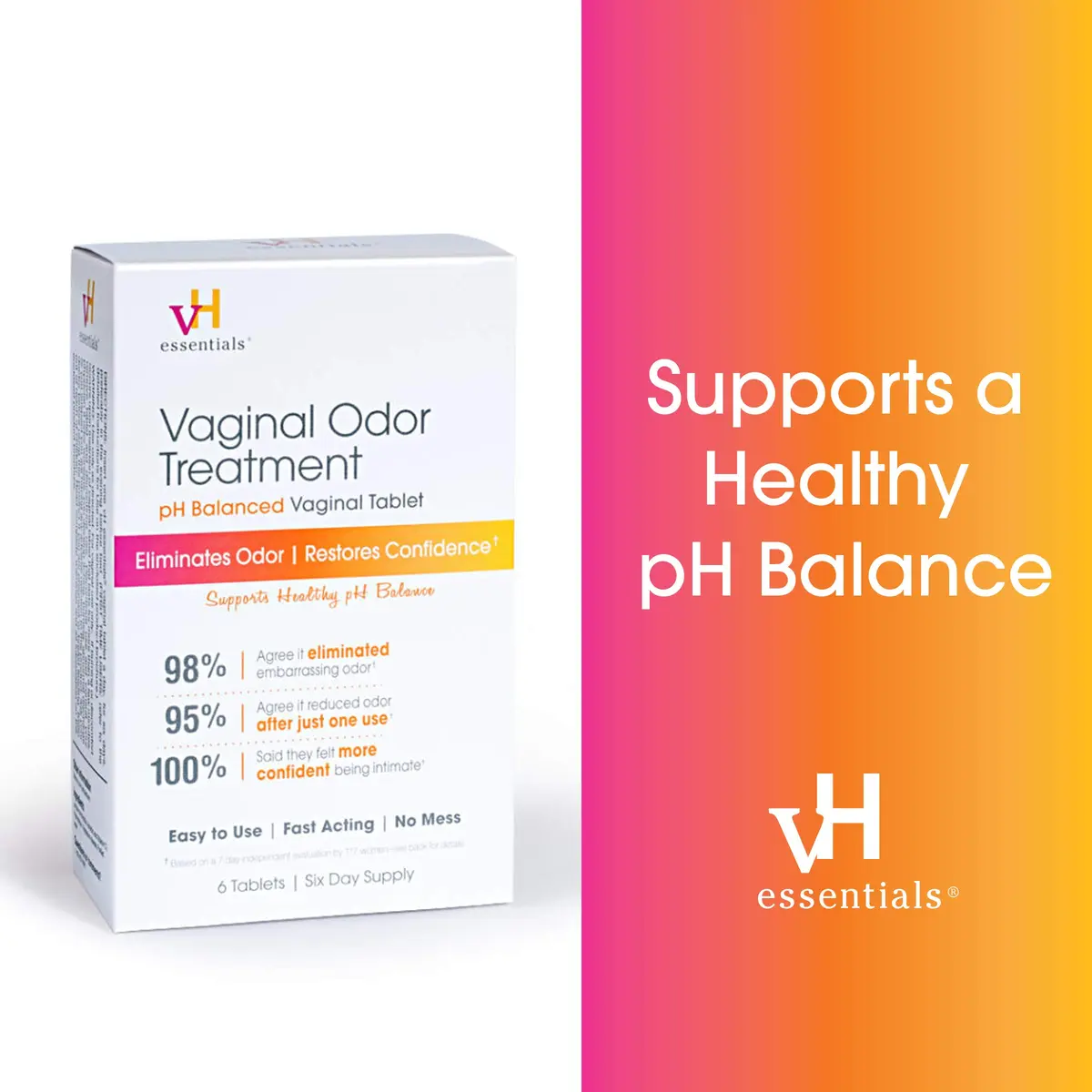 vH essentials Vaginal Odor Treatment, 6 Tablet Suppositories | pH Balanced, Fast-Acting, No-Mess - view 2