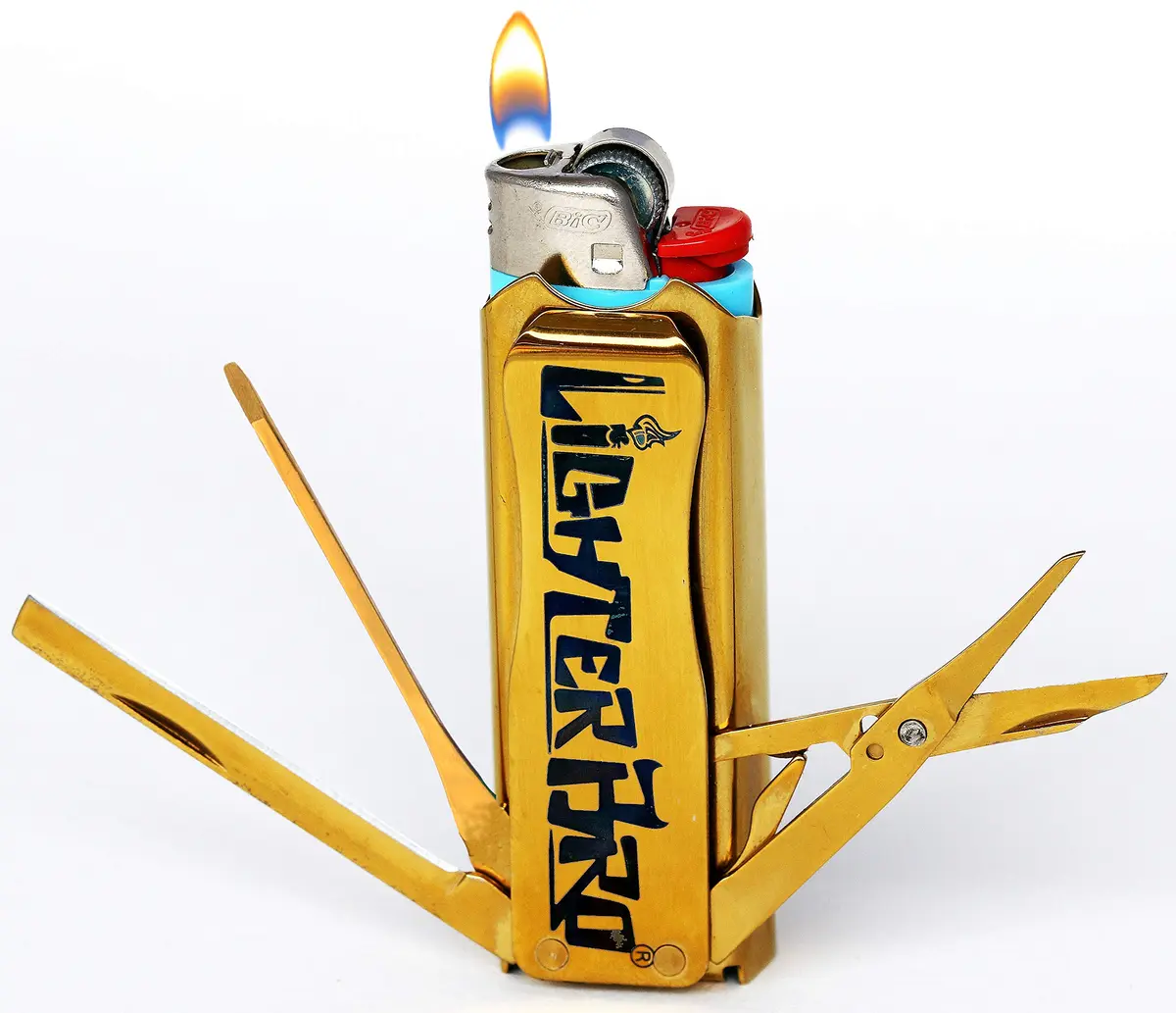 LighterBro Titanium Gold - Stainless Steel Multi-Tool Lighter Case | Pocket-Ready with Knife & Tools - main product image