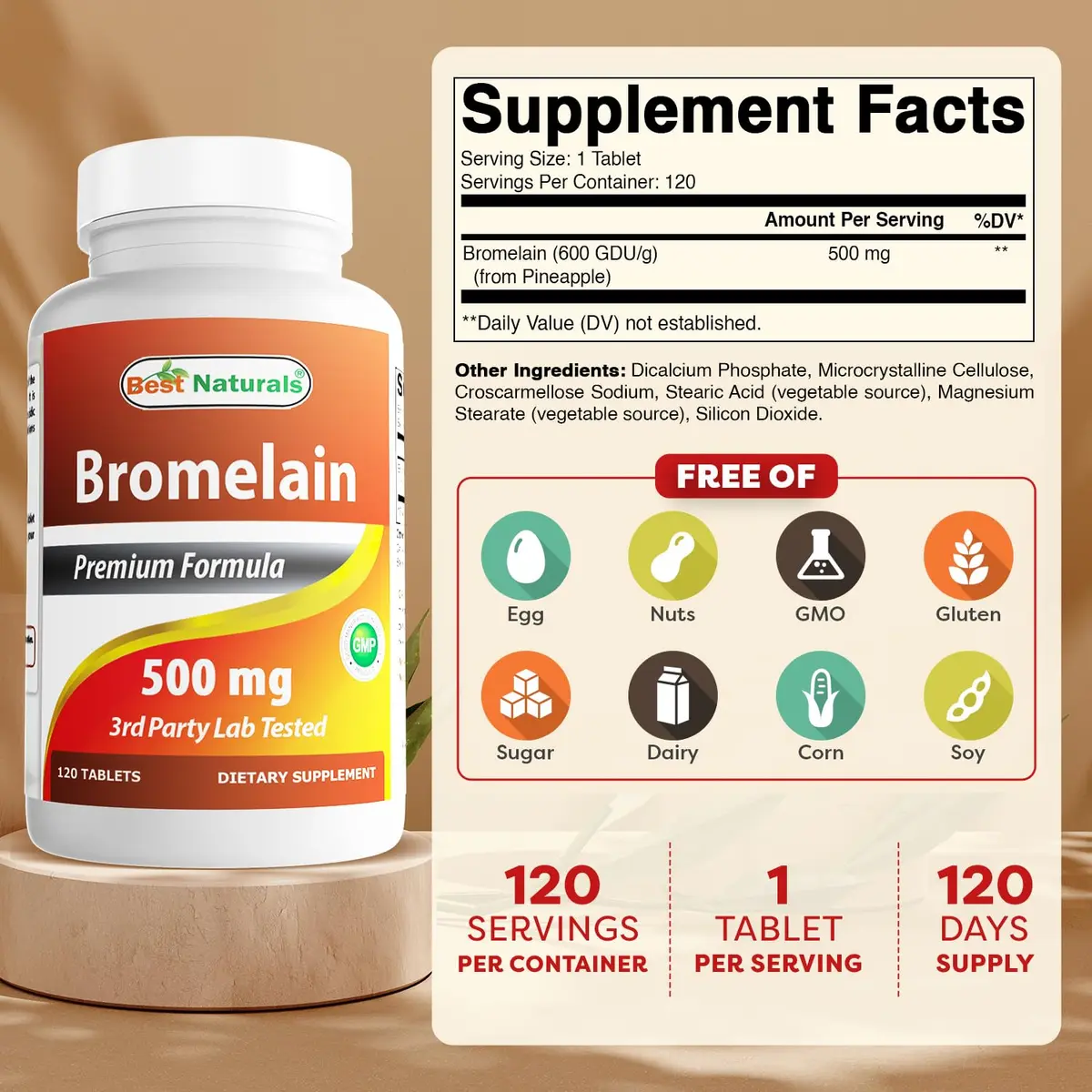 Best Naturals Bromelain Digestive Enzyme Tablets 500 mg (120 Count) | Supports Digestion & Joint Health - view 2