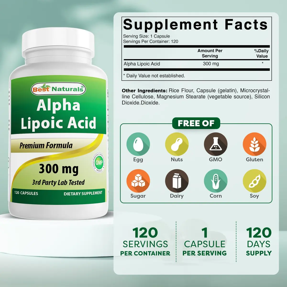 Best Naturals Alpha Lipoic Acid 300 mg 120 Capsules | Antioxidant Support for Adults - view 2
