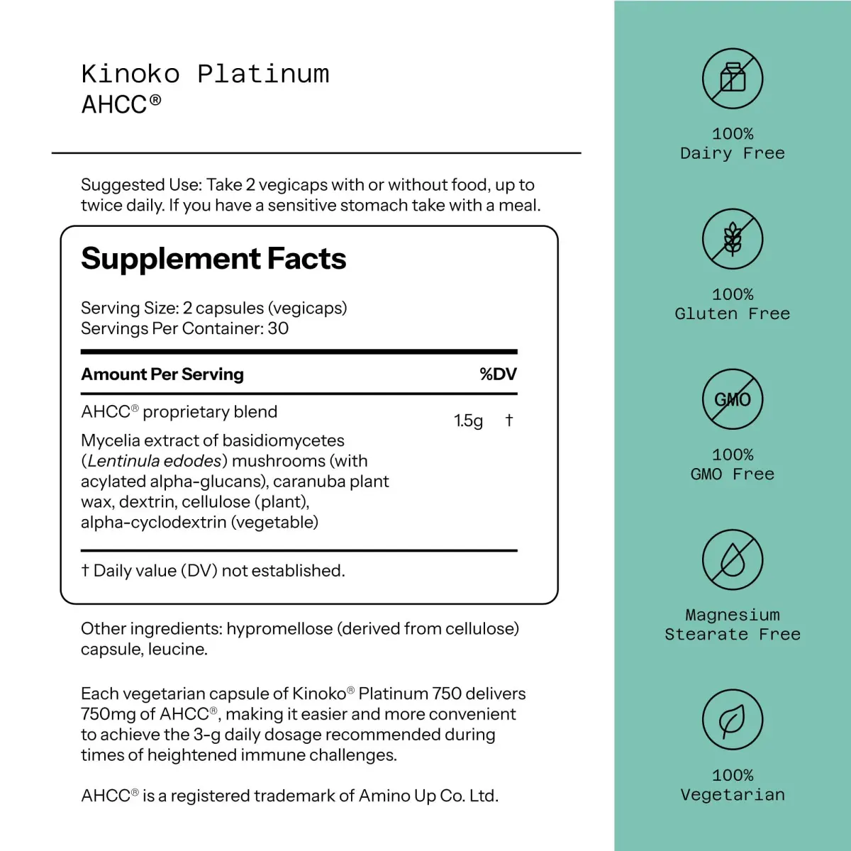 Quality of Life Premium Kinoko Platinum AHCC Herbal Supplement 60 Veggie Capsules | Immune Support with Alpha-Glucans - view 2