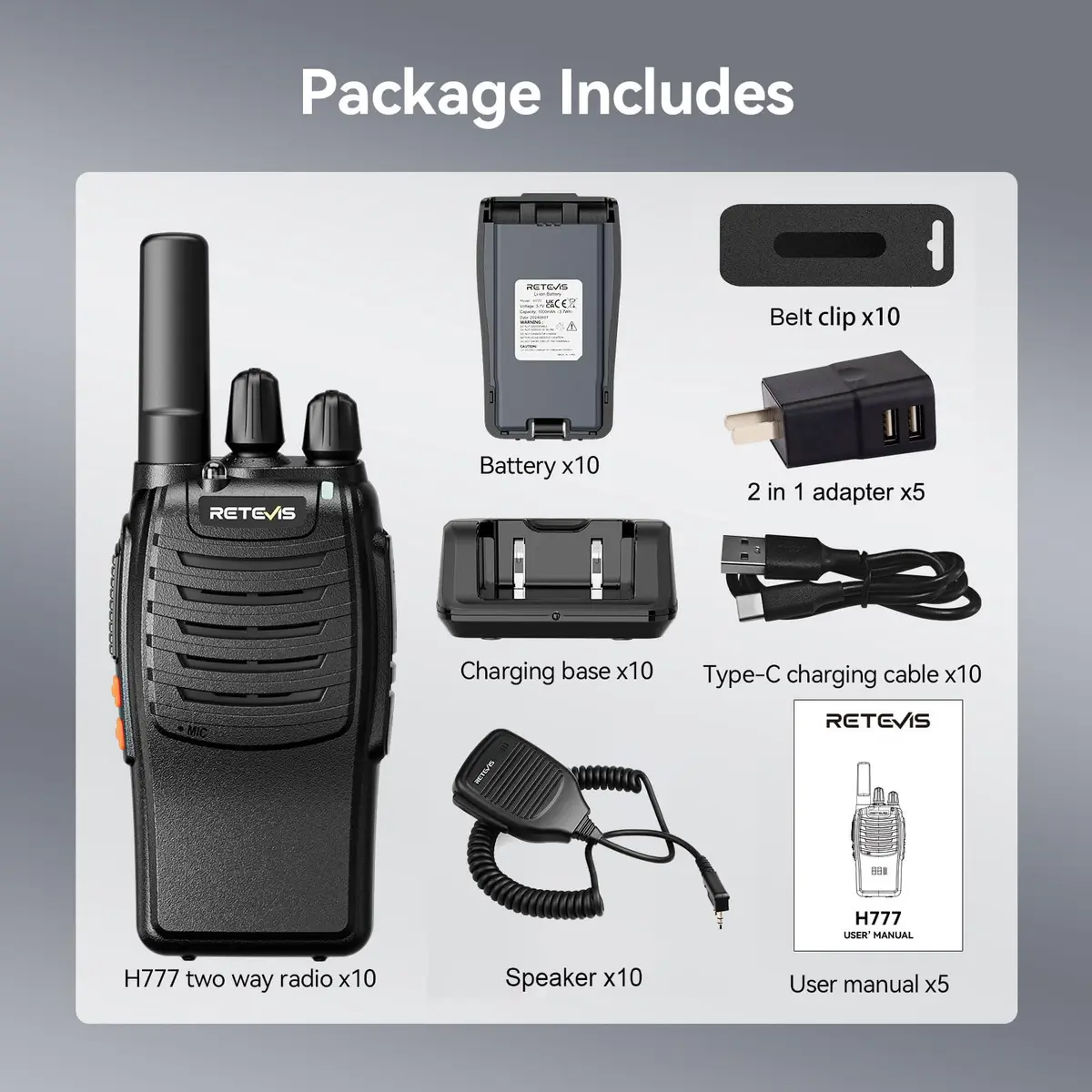 Retevis H-777 Walkie Talkies with Mic for Adults | Long Range 2 Way Radios, 16 Channels, Emergency Alarm, VOX Hands-Free, 10 Pack - view 7