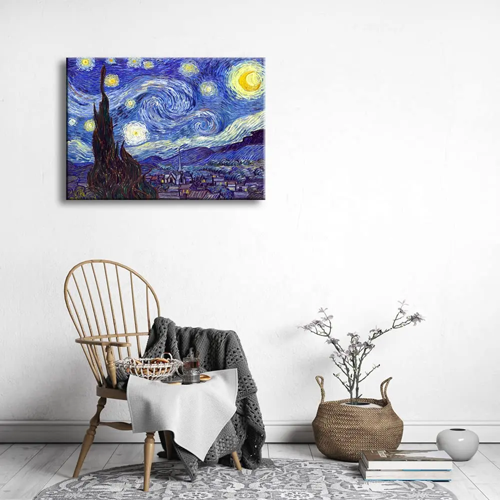 Wieco Art Starry Night Abstract Canvas Prints Wall Art of Van Gogh Famous Artwork 28"L x 20"W | Modern Gallery Wrapped Sky Star Pictures - view 5