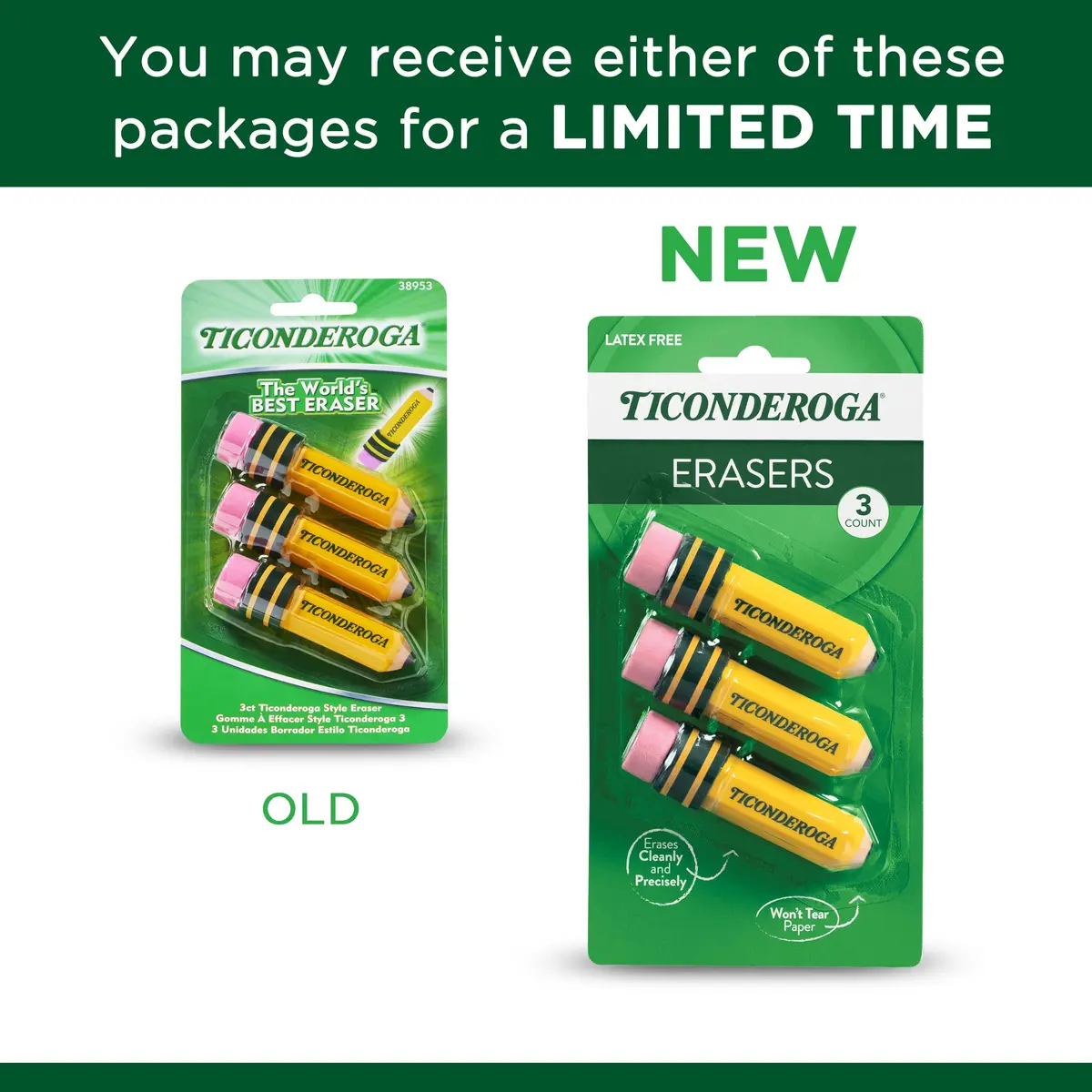 Ticonderoga Pencil Shaped Erasers, Yellow, 3 Count | Smudge-Resistant & Non-Toxic - view 4