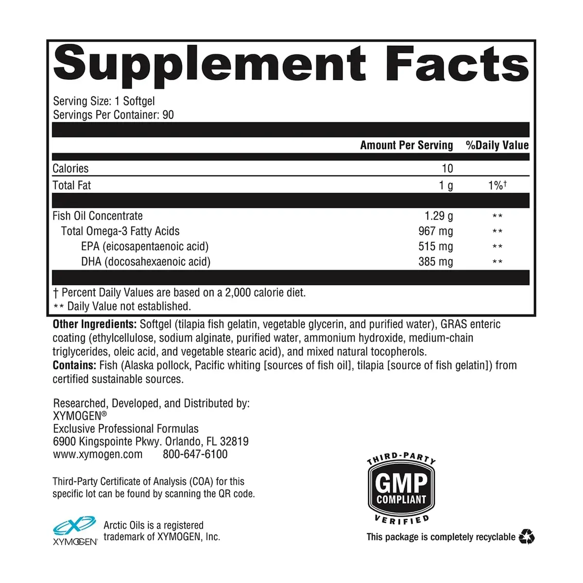 XYMOGEN OmegaPure 900 EC 90 Softgels | EPA DHA Omega-3 for Heart & Brain Support - view 2