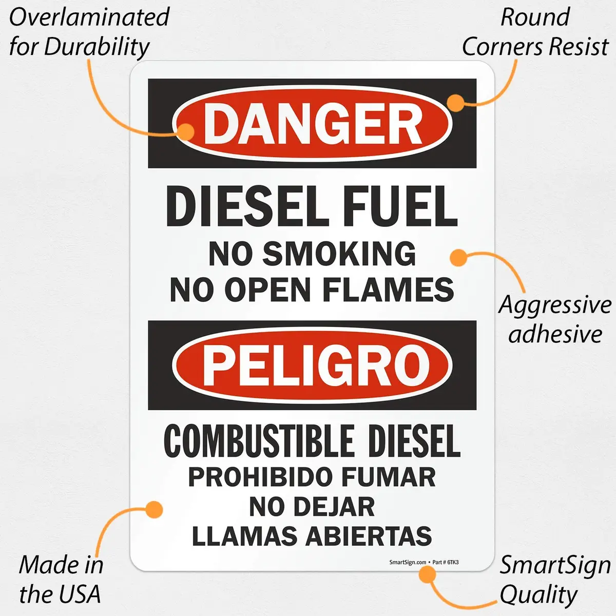 SmartSign Danger Diesel Fuel No Smoking No Open Flames Bilingual Label 10" x 14" | Safety Warning Sign - view 2