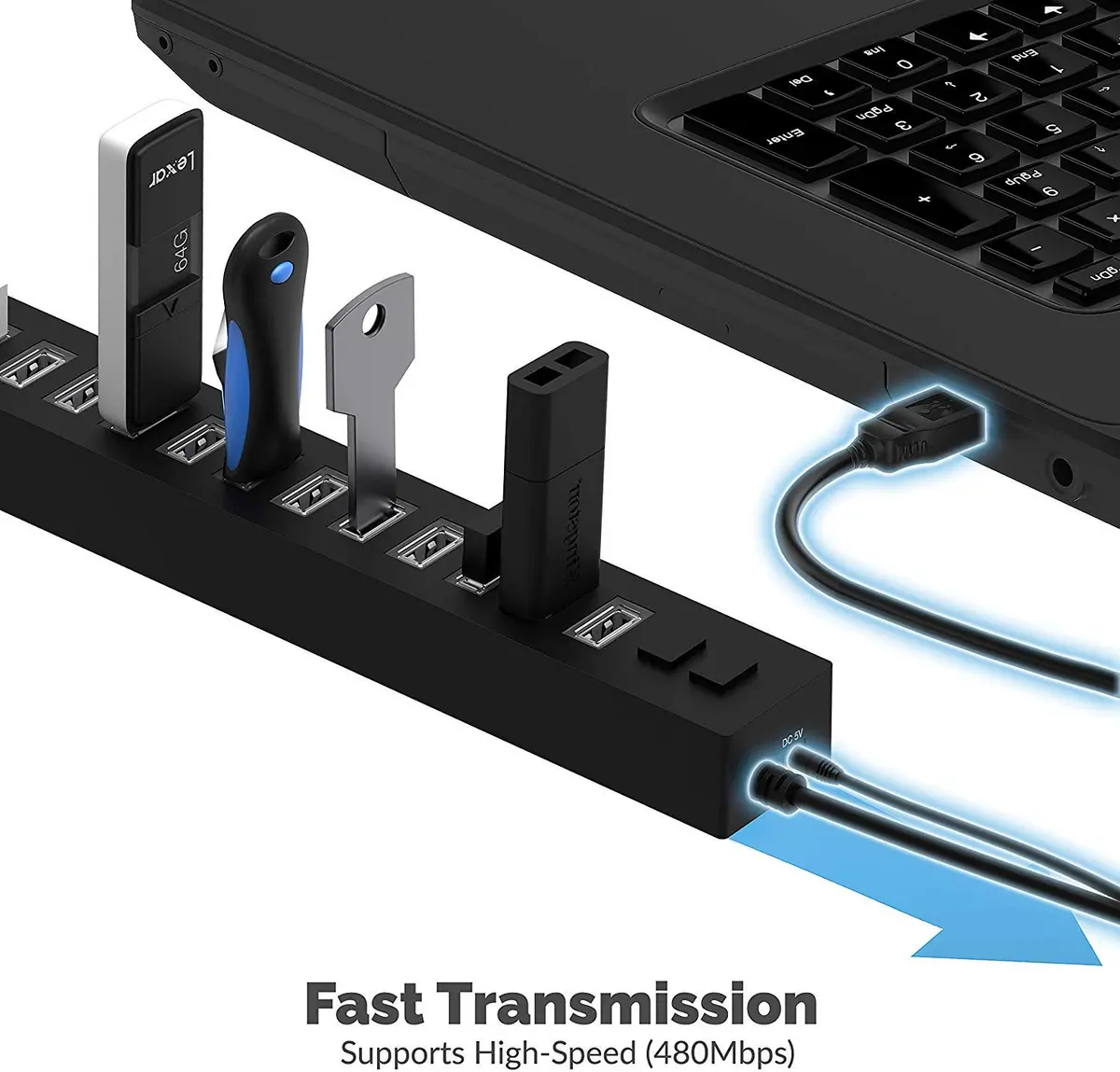 SABRENT 13-Port USB 2.0 Data Hub, Powered, 2 Switches | 13 Ports, High-Speed Data, Daisy-Chain Expandability - view 5
