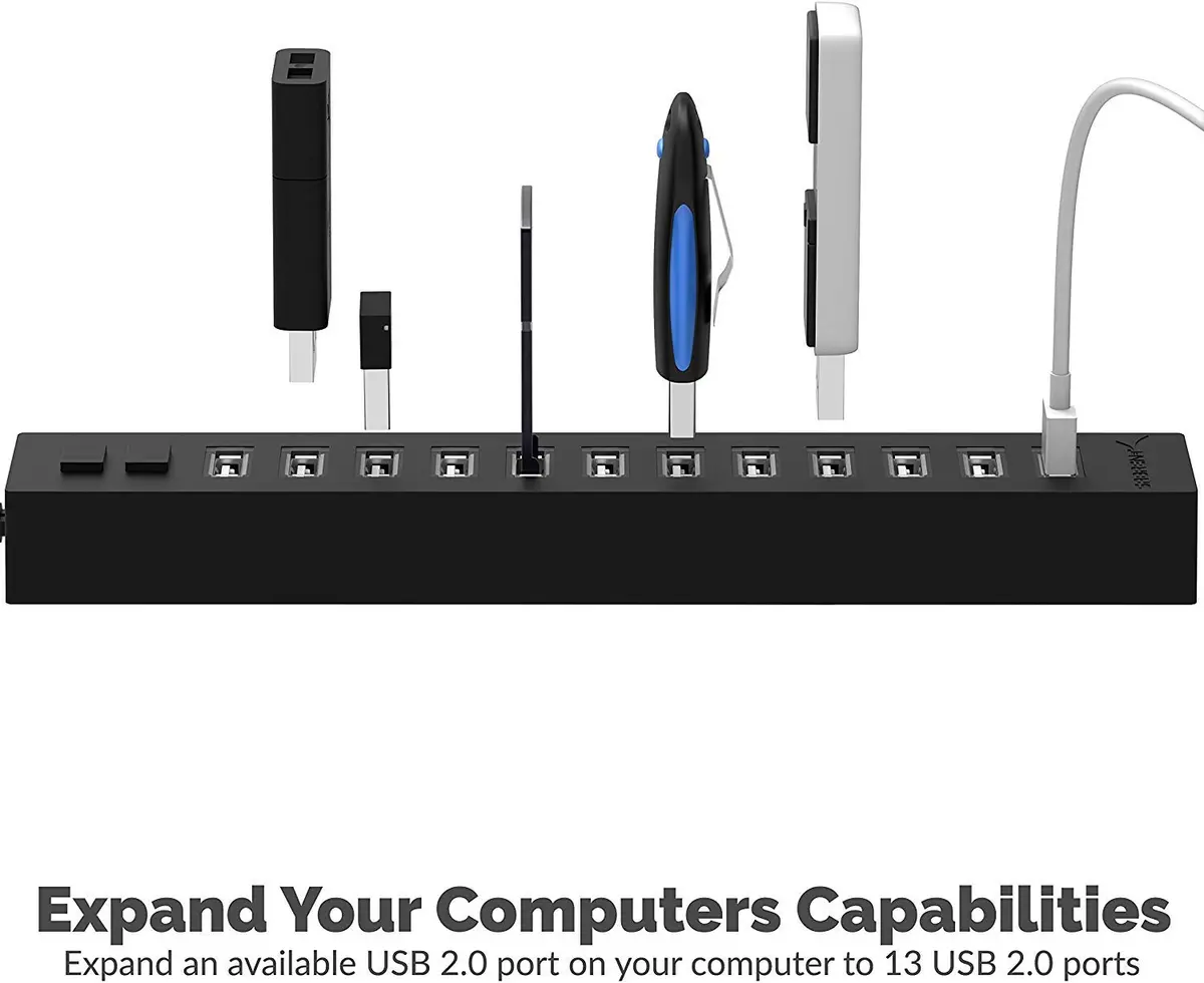 SABRENT 13-Port USB 2.0 Data Hub, Powered, 2 Switches | 13 Ports, High-Speed Data, Daisy-Chain Expandability - view 2