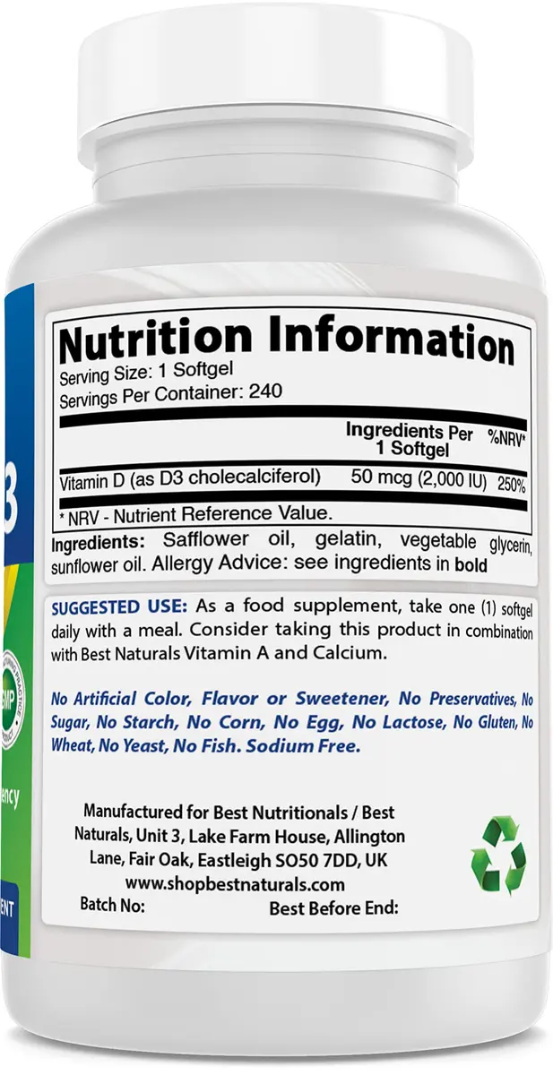 Best Naturals Vitamin D3 2000 IU 240 Softgels | Supports Bone & Teeth Health in Adults - view 2