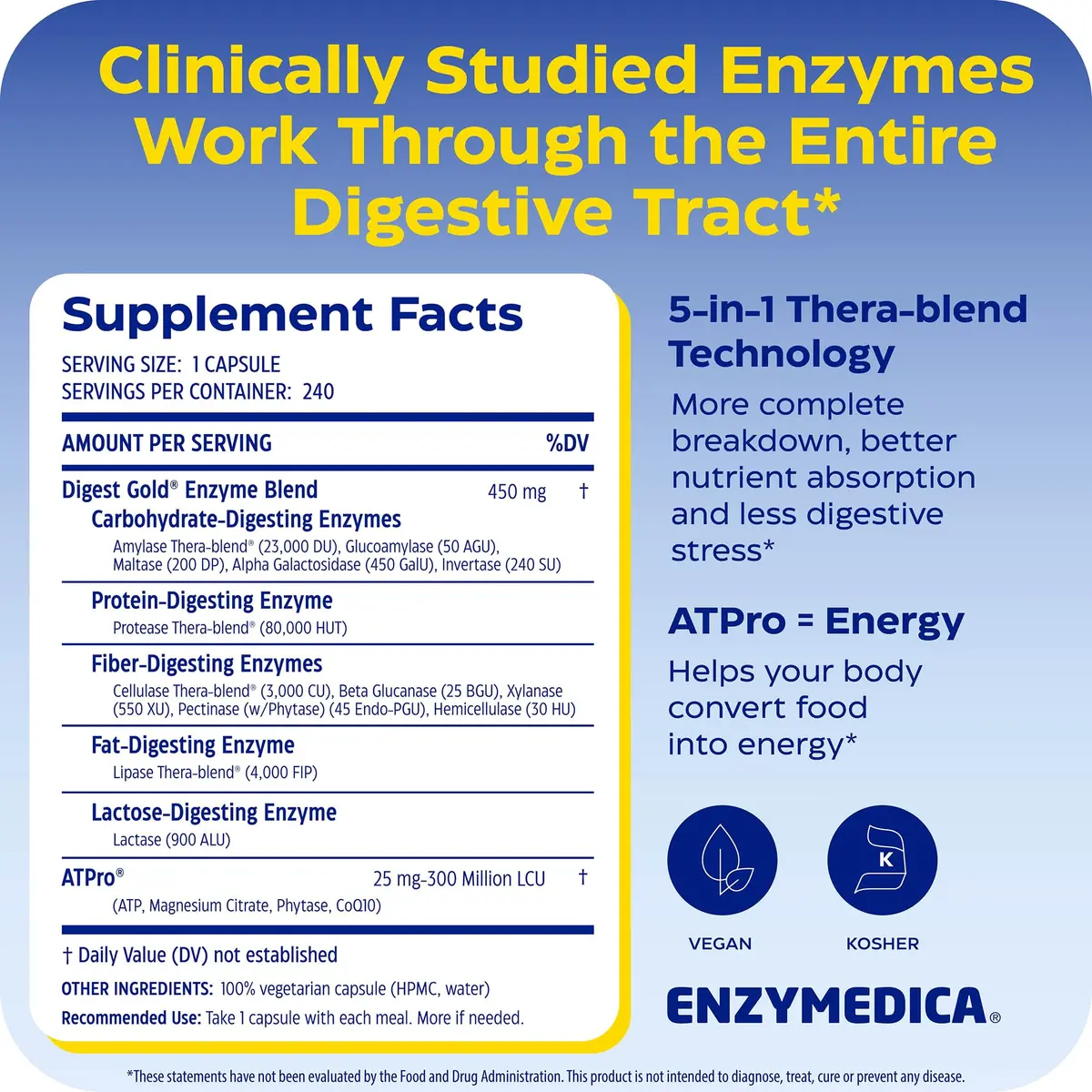 Enzymedica Digest Gold, Maximum Strength, ATPro Energy Support - 240 Caps | Fast Digestive Enzymes for Gas & Bloating - view 2
