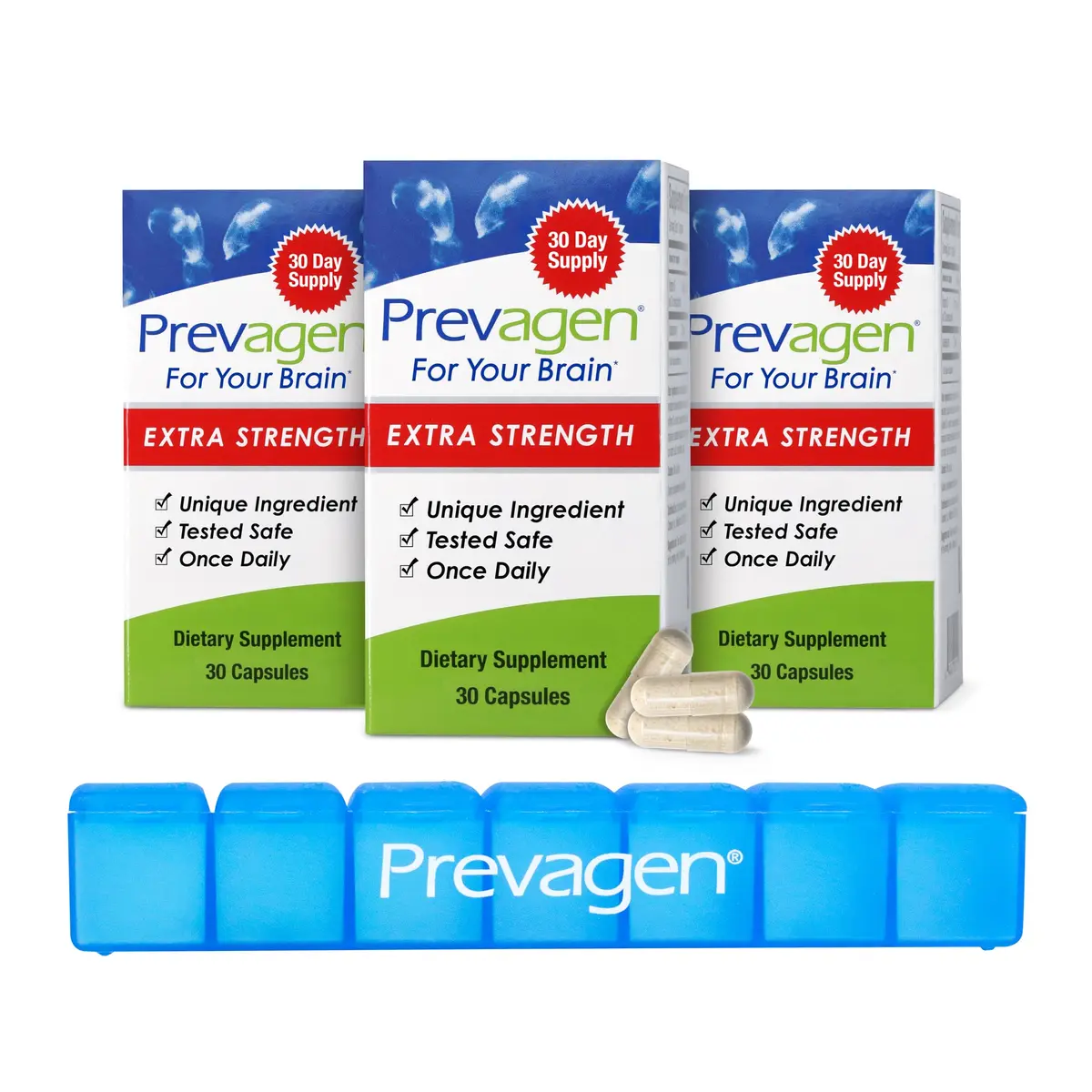 Prevagen Extra Strength with 7-Day Pill Minder, 30 Capsules, 3-Pack | Supports Brain Health & Memory - main product image