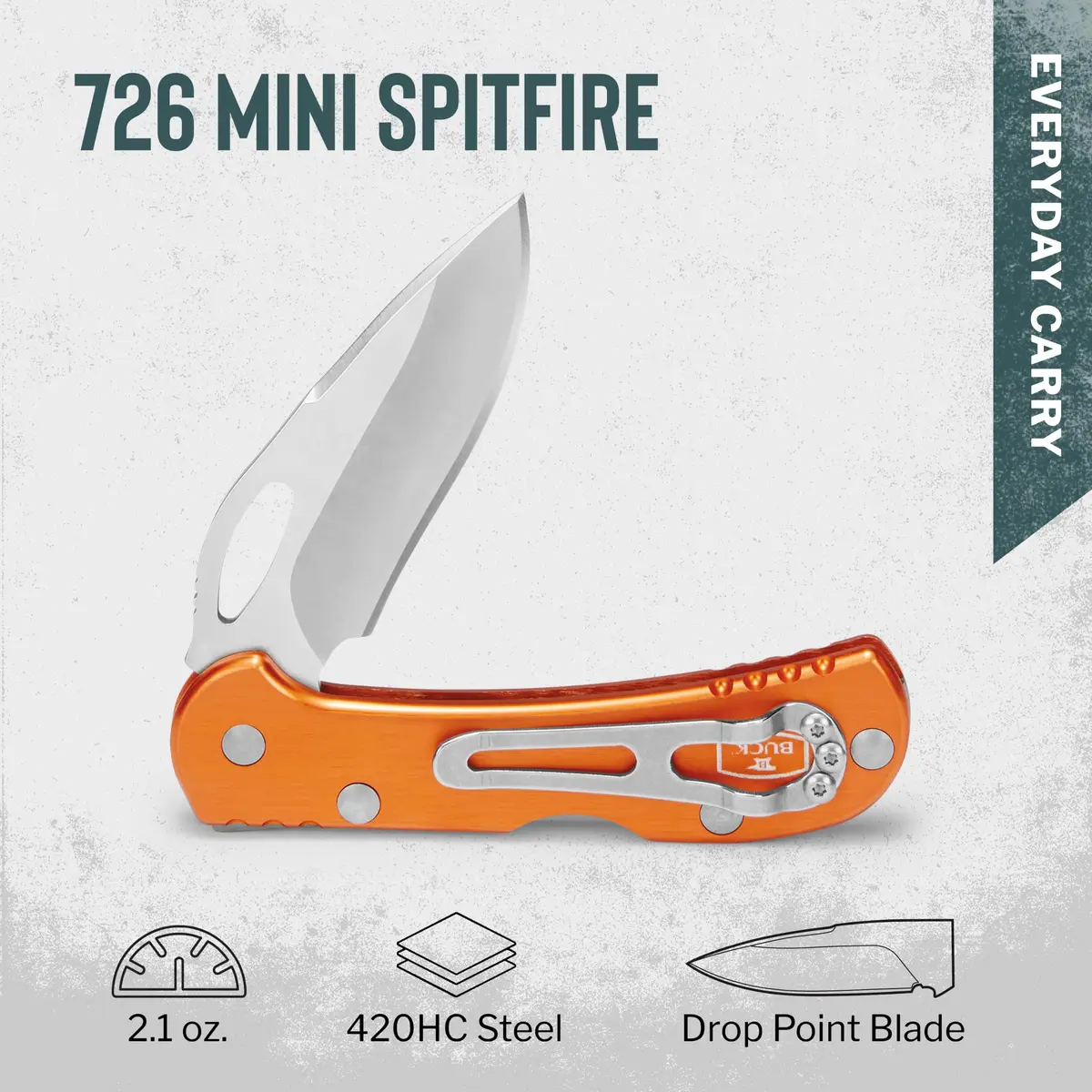Buck Knives 726 Mini Spitfire EDC Pocket Knife, Orange, 3.75in | Slim, Durable, Made in USA - view 2