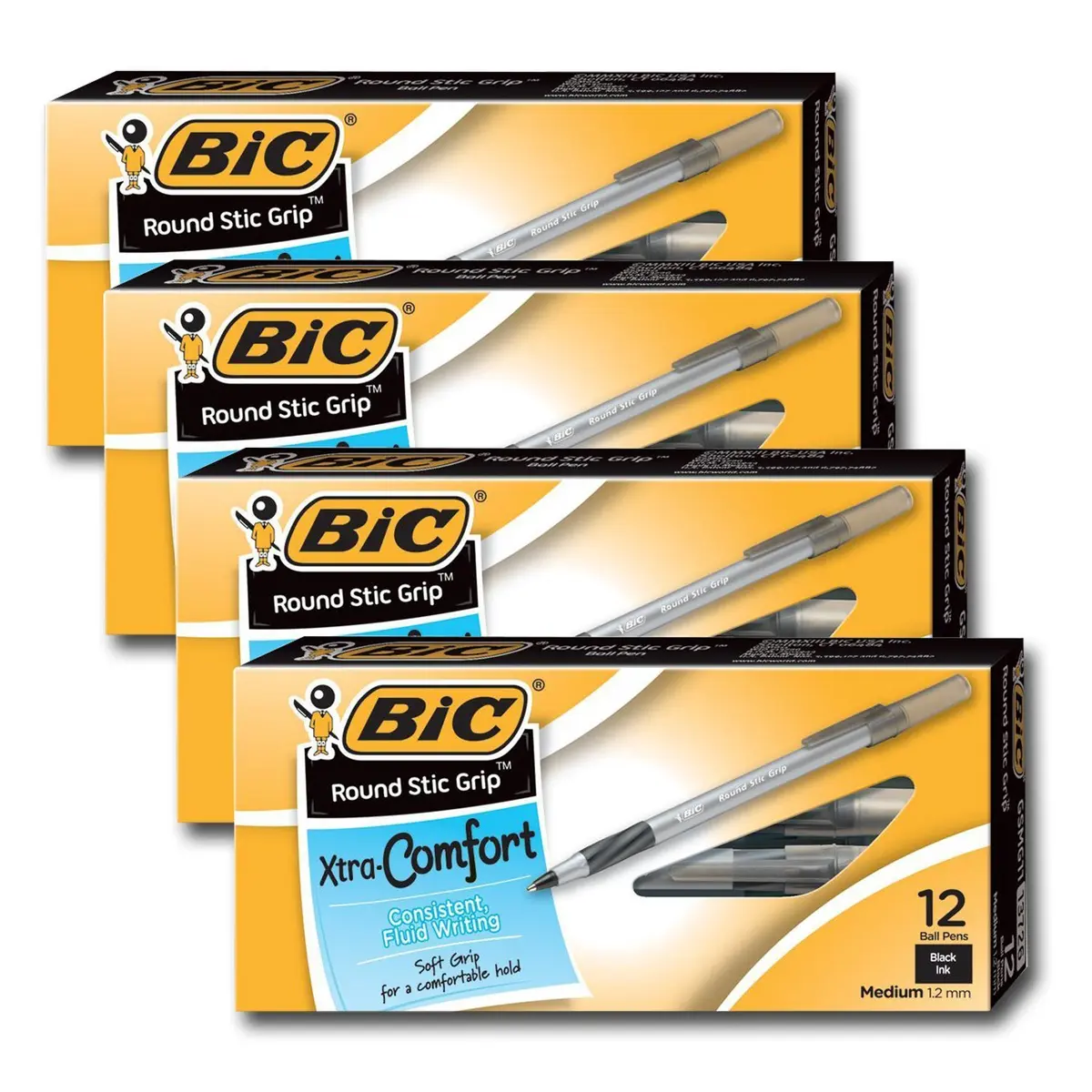 BIC Ultra Round Stic Grip Ball Point Pens, 1.2 mm, Black Ink | Medium Point, Refillable, Pack of 48 - main product image