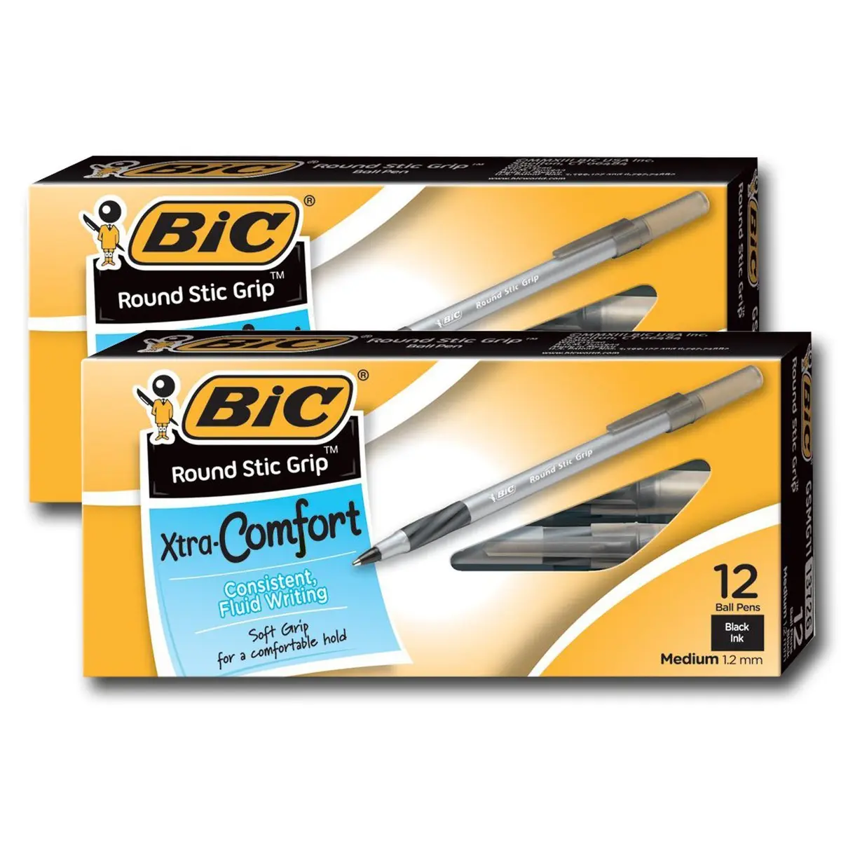 BIC Ultra Round Stic Grip Ball Point Pens, Medium Point, 1.2 mm, Black Ink | Refillable, 24 Pack, Office & School Use - main product image