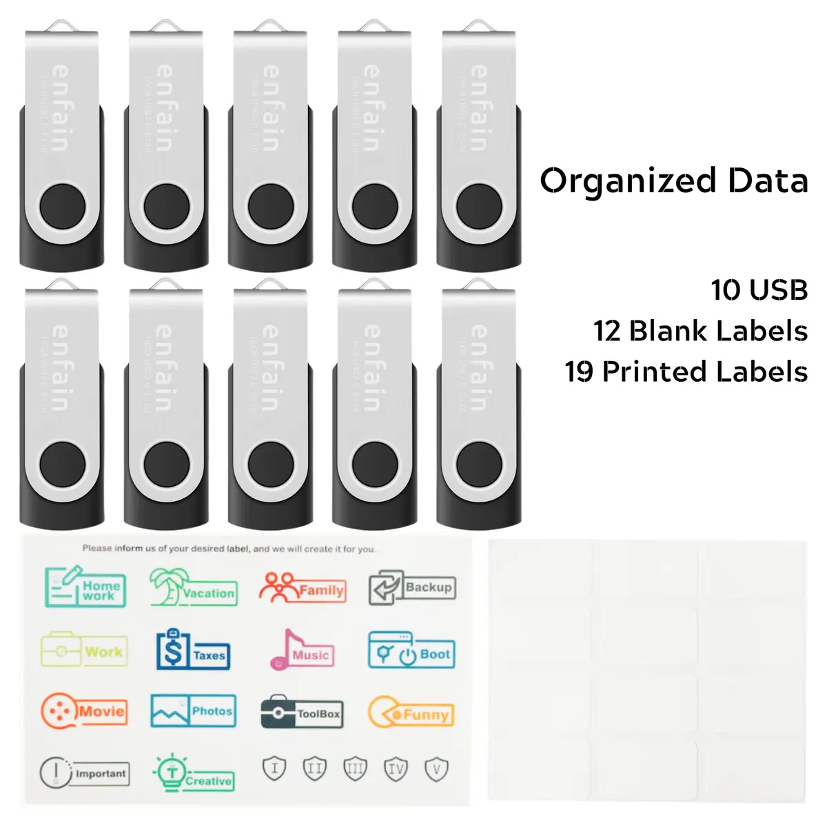 Enfain 8GB USB Flash Drive 10 Pack | Reliable Data Storage with Metal Swivel Cap in Bulk - view 2