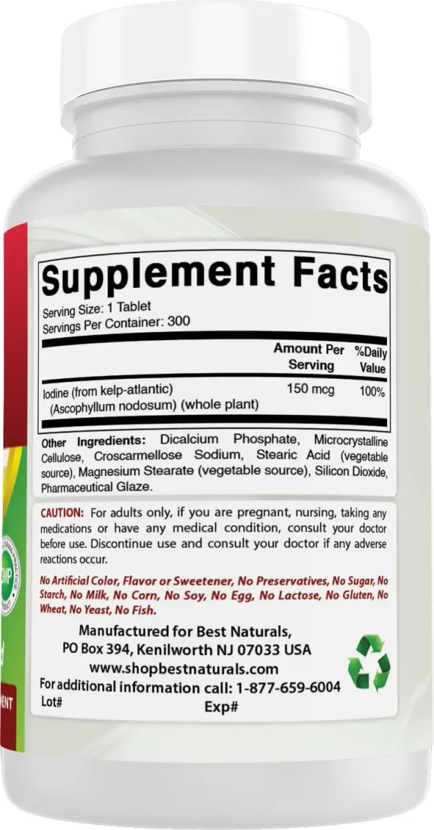 Best Naturals Kelp Supplement Tablets 150 Mcg (300 Count) | 300 Tablets for Thyroid Support - view 6