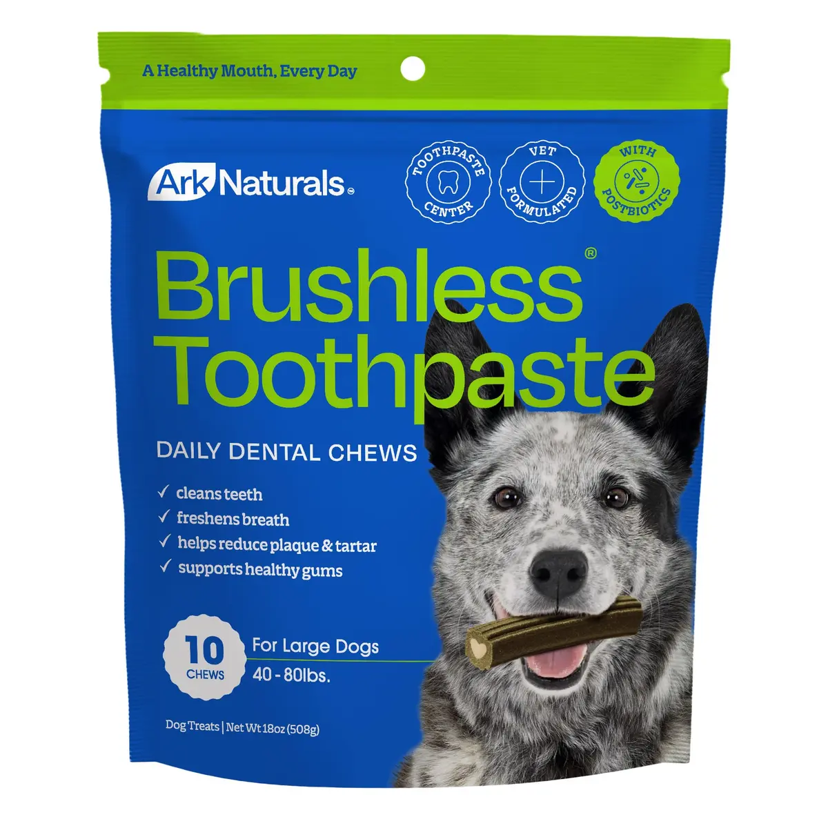 ARK NATURALS Brushless Toothpaste Dog Dental Treats - Large Breeds (10 ct) | 4-in-1 Plaque & Tartar Control, Breath Freshener - main product image