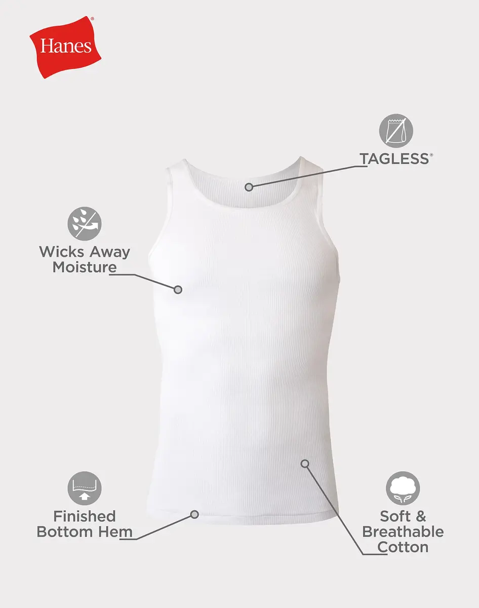 Hanes Men's White Cotton Ribbed Tank Undershirt 6-Pack | Moisture-Wicking & Breathable - view 7