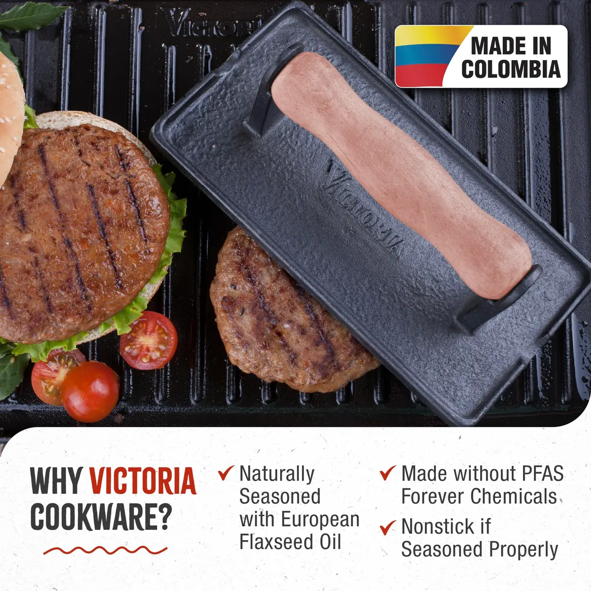Victoria Cast Iron Panini Press, Seasoned with Kosher Certified Flaxseed Oil | Durable, Versatile & Long-Lasting (120 chars) - view 2