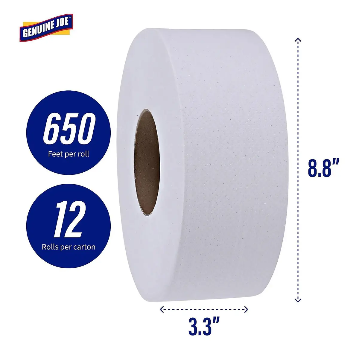 Genuine Joe Jumbo Roll Bath Tissue - 2-Ply White Toilet Paper, 3.3" x 650' per Roll, 12 Count Bulk Pack, Recycled Fiber, Commercial Grade for Dispensers - view 2