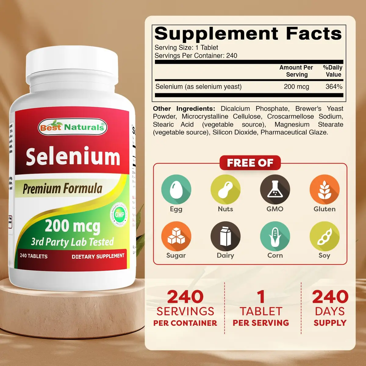 Best Naturals Selenium 200 mcg Supplement 240 Count | Non-GMO & Gluten Free - view 2