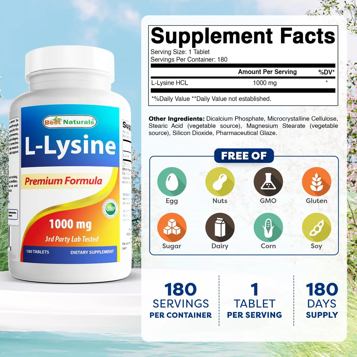 Best Naturals L-Lysine 1000mg 180 Tablets | Supports Immune & Cold Sore Recovery - view 2