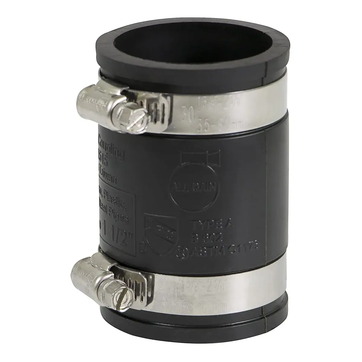 SUPPLYGIANT Flexible PVC Coupling with Stainless Steel Clamps, 1.9" (4.8cm) Inner Diameter for 1-1/2" Nominal Pipe, Black | ASTM C1173 Certified - main product image