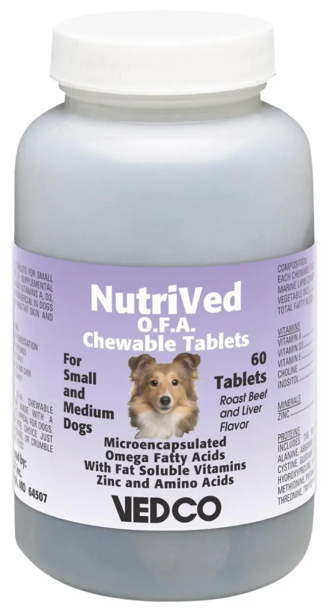 Vedco Nutrived O.F.A. Chewable Tablets for Small and Medium Dogs 60 Count | Skin & Coat Health Supplement - main product image