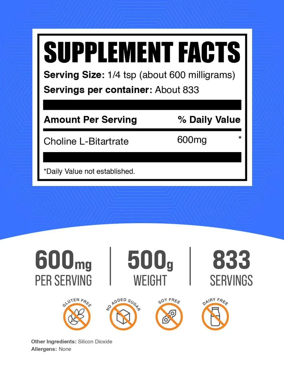 BulkSupplements Choline Bitartrate Powder 500g (1.1 lbs) | Gluten-Free Brain Health Supplement - view 2