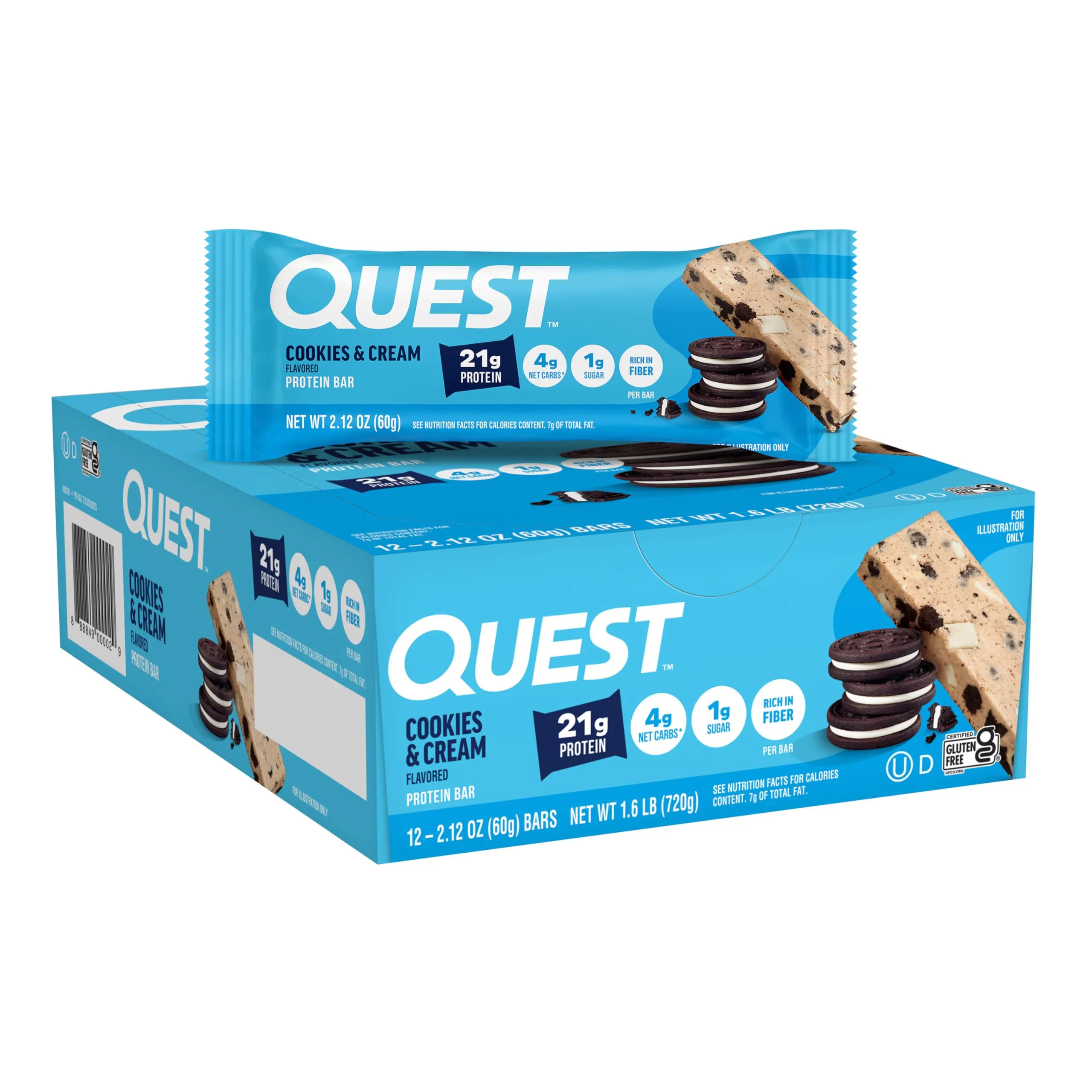 Quest Cookies & Cream Protein Bars 21g Protein 1g Sugar 12 Count | High Fiber Gluten Free Nutrition Bar - main product image