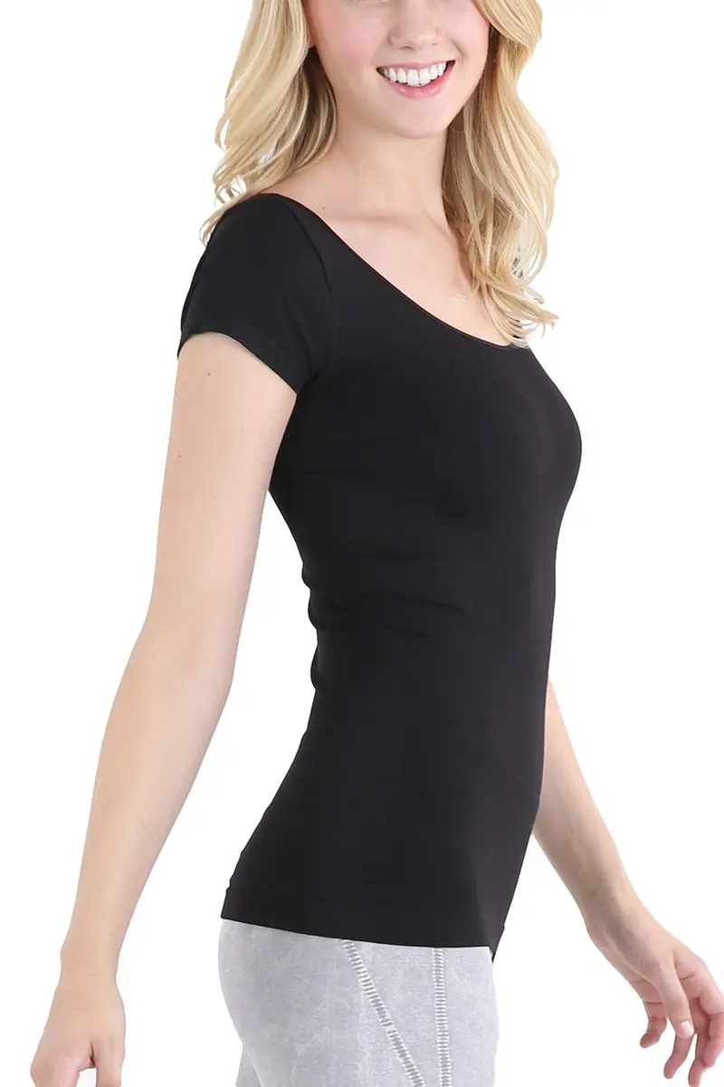 NIKIBIKI Women Seamless Cap Sleeve Scoop Neck Fitted Top | Made in USA, One Size (Black) - view 3
