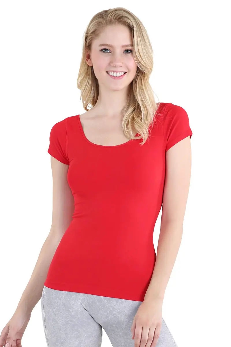 NIKIBIKI Women Seamless Cap Sleeve Scoop Neck Fitted Top, Made in USA, One Size (Red) | Versatile Seamless Tank for Women - main product image