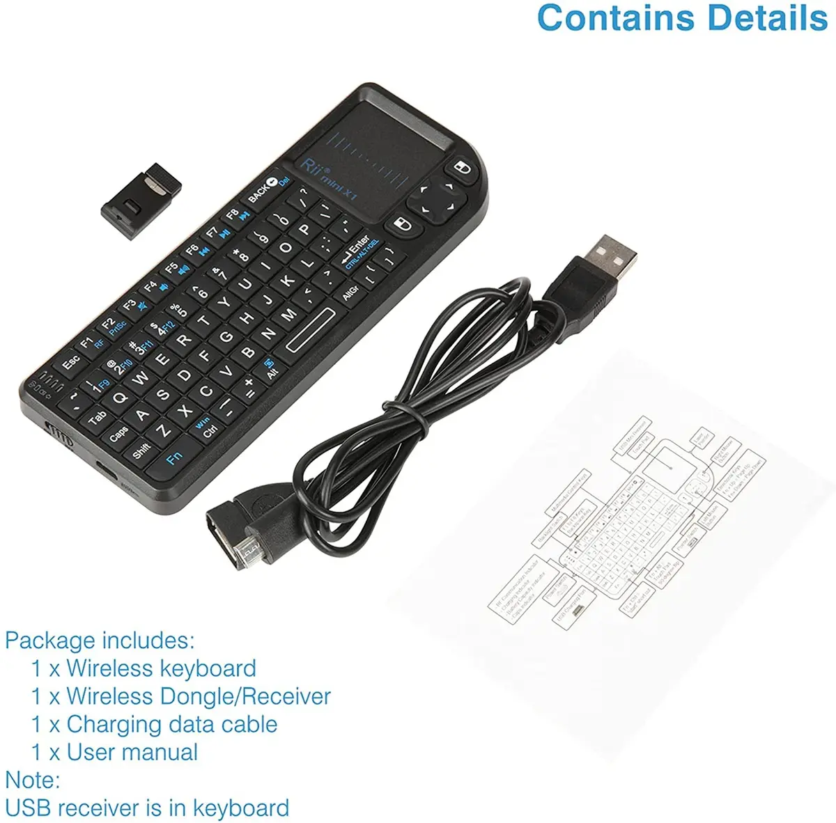 Rii X1 Mini Wireless Keyboard with Touchpad Mouse, Black | 2.4GHz RF, Built-in Rechargeable Battery, Plug and Play - view 9