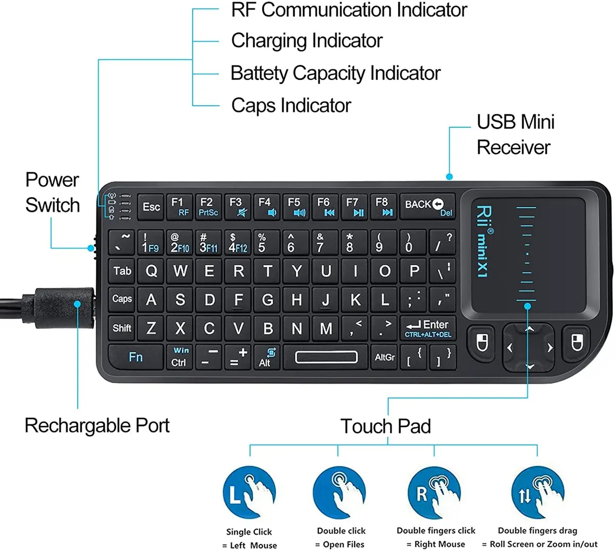 Rii X1 Mini Wireless Keyboard with Touchpad Mouse, Black | 2.4GHz RF, Built-in Rechargeable Battery, Plug and Play - view 3