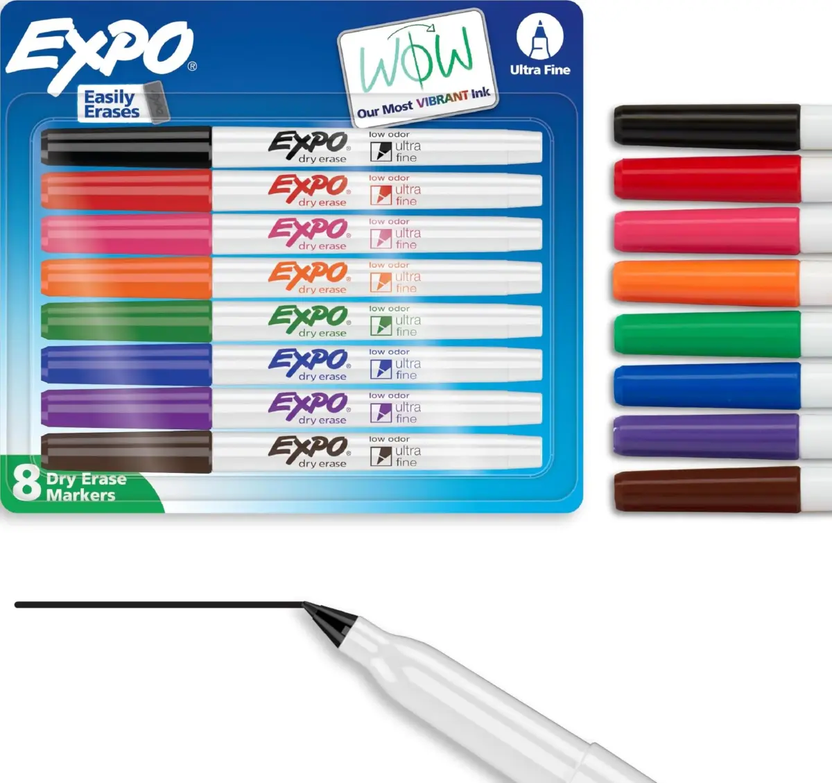 EXPO Low Odor Dry Erase Markers, Ultra Fine Tip, 8 Count Assorted Colors | Precise Marking for Whiteboards & Non-Porous Surfaces - main product image