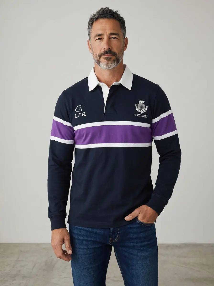 LIVE FOR RUGBY Scotland Thistle Long Sleeve Rugby Jersey, Navy, Large | Classic Scottish Heritage Design - view 2
