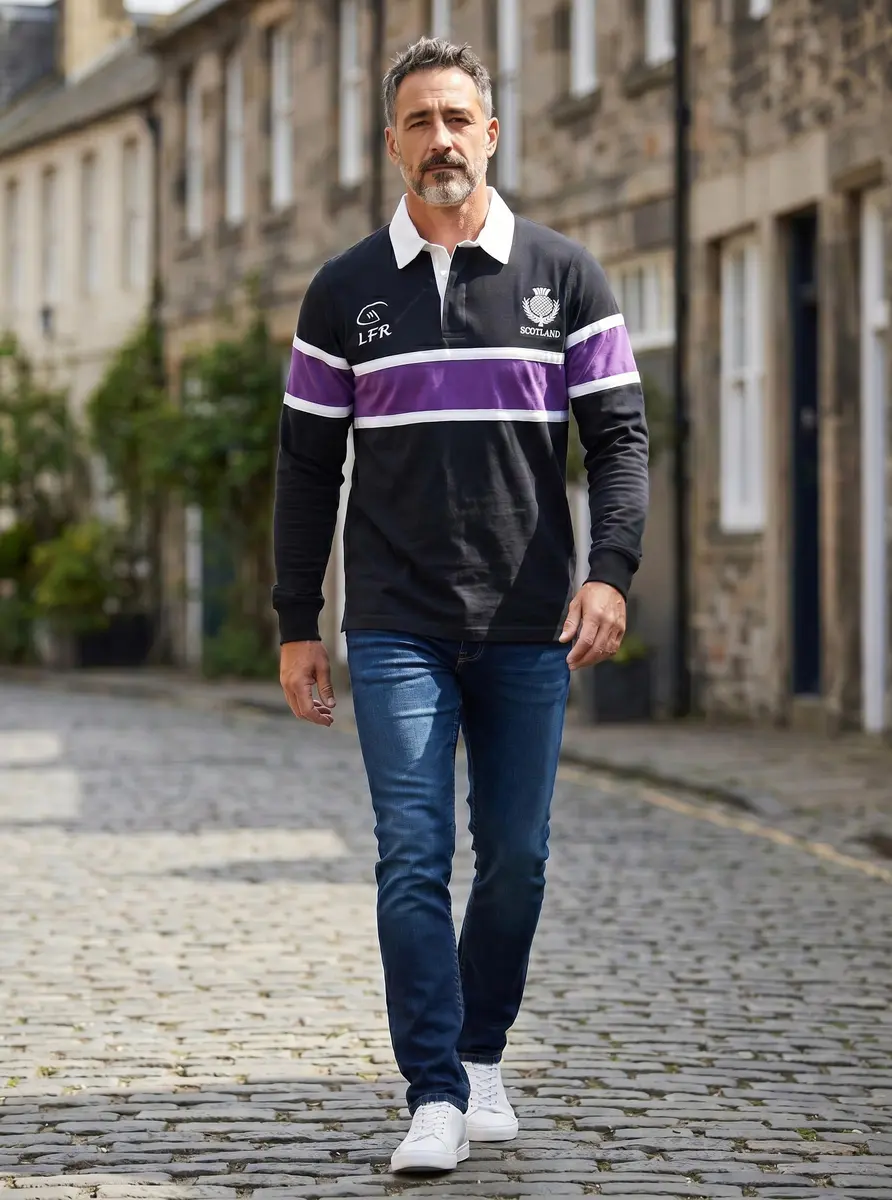 LIVE FOR RUGBY Scotland Thistle Long Sleeve Rugby Jersey, Navy, Large | Classic Scottish Heritage Design - view 3