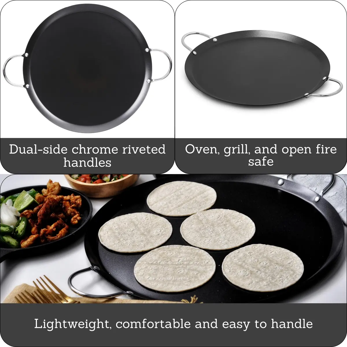 Imusa 13.5in Carbon Steel Nonstick Round Comal with Metal Handles, Black | Versatile Kitchen Essential - view 2
