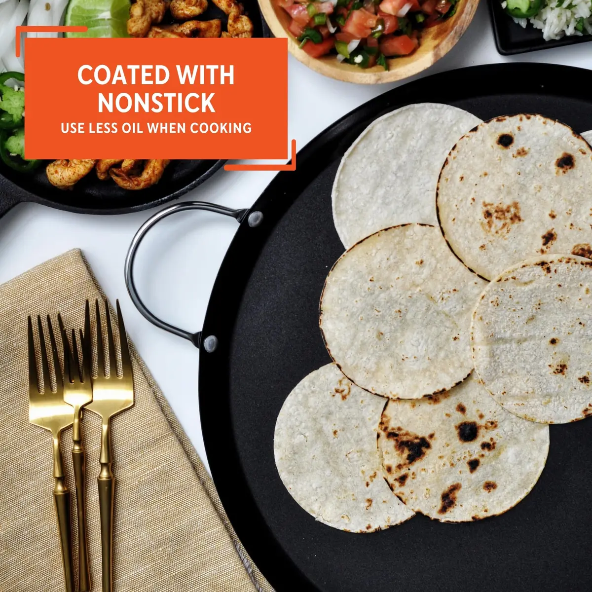 Imusa 13.5in Carbon Steel Nonstick Round Comal with Metal Handles, Black | Versatile Kitchen Essential - view 4