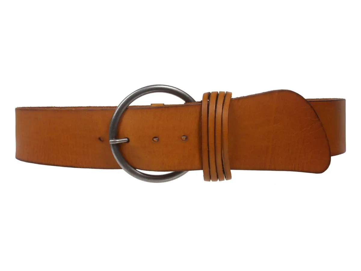 Beltiscool Women's High Waist Round Full Grain Taper Leather Belt, light tan/silver | S/M- 32" - main product image