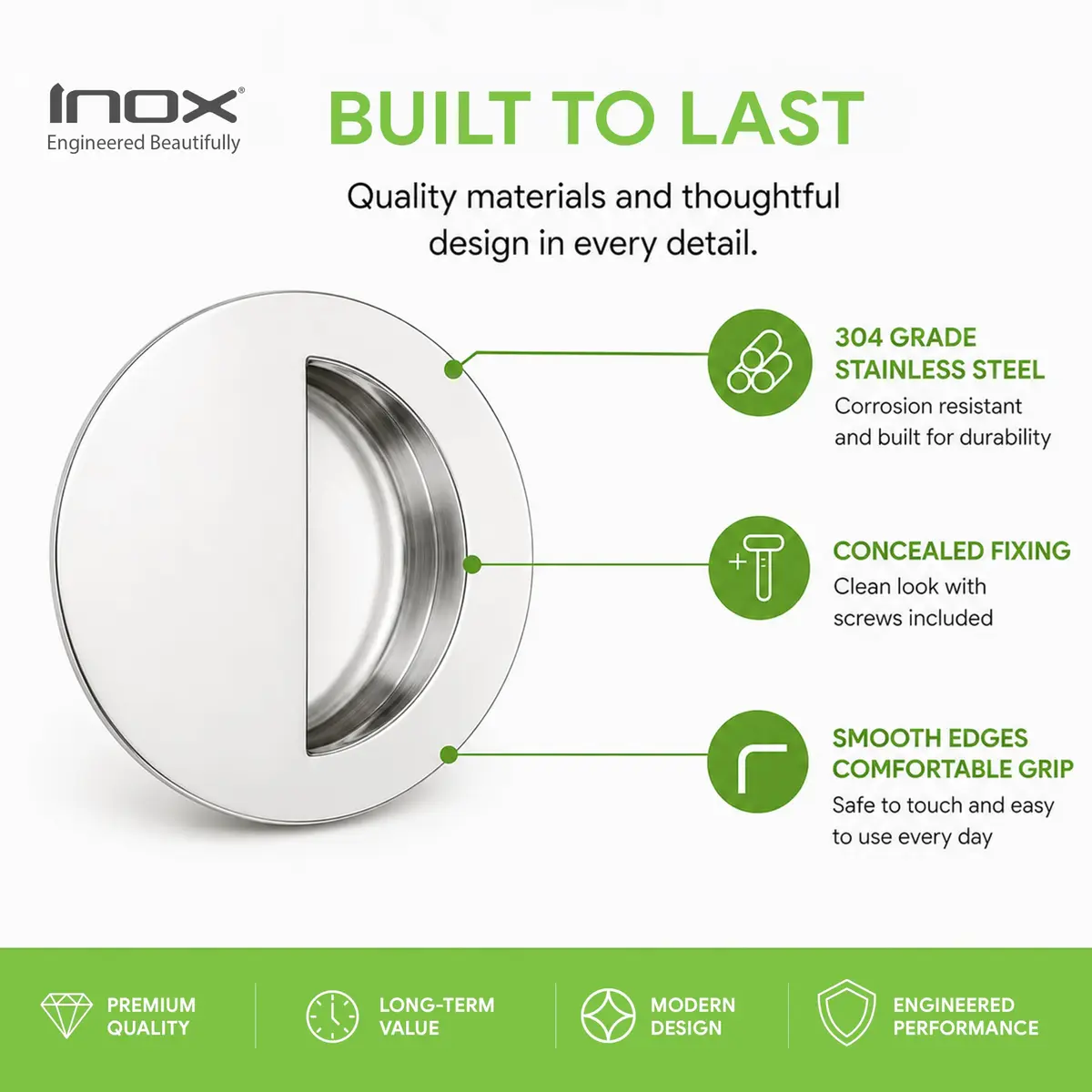 INOX FHIX02-32 Concealed Fixing Round Pocket/Cup Pull 3-9/16 inch | Polished Stainless Steel Handle - view 5