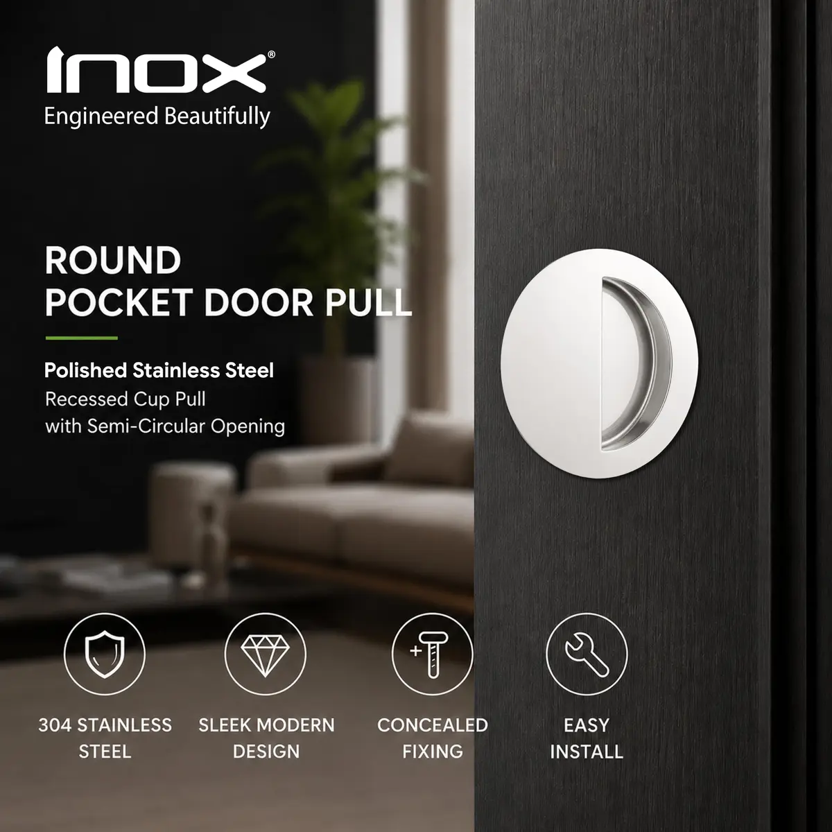 INOX FHIX02-32 Concealed Fixing Round Pocket/Cup Pull 3-9/16 inch | Polished Stainless Steel Handle - view 8