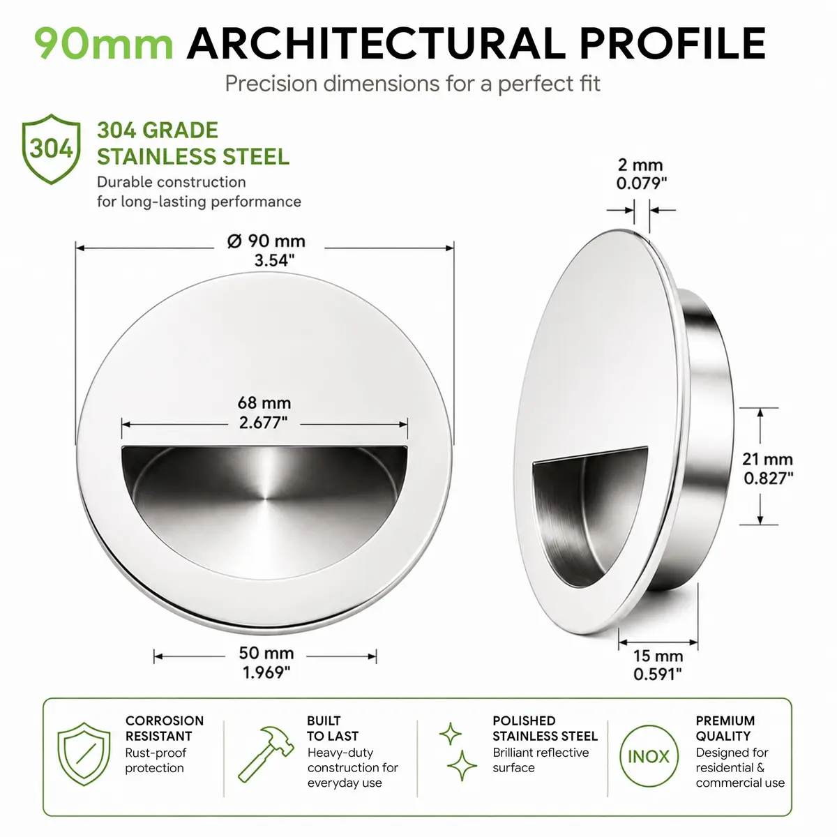 INOX FHIX02-32 Concealed Fixing Round Pocket/Cup Pull 3-9/16 inch | Polished Stainless Steel Handle - view 2